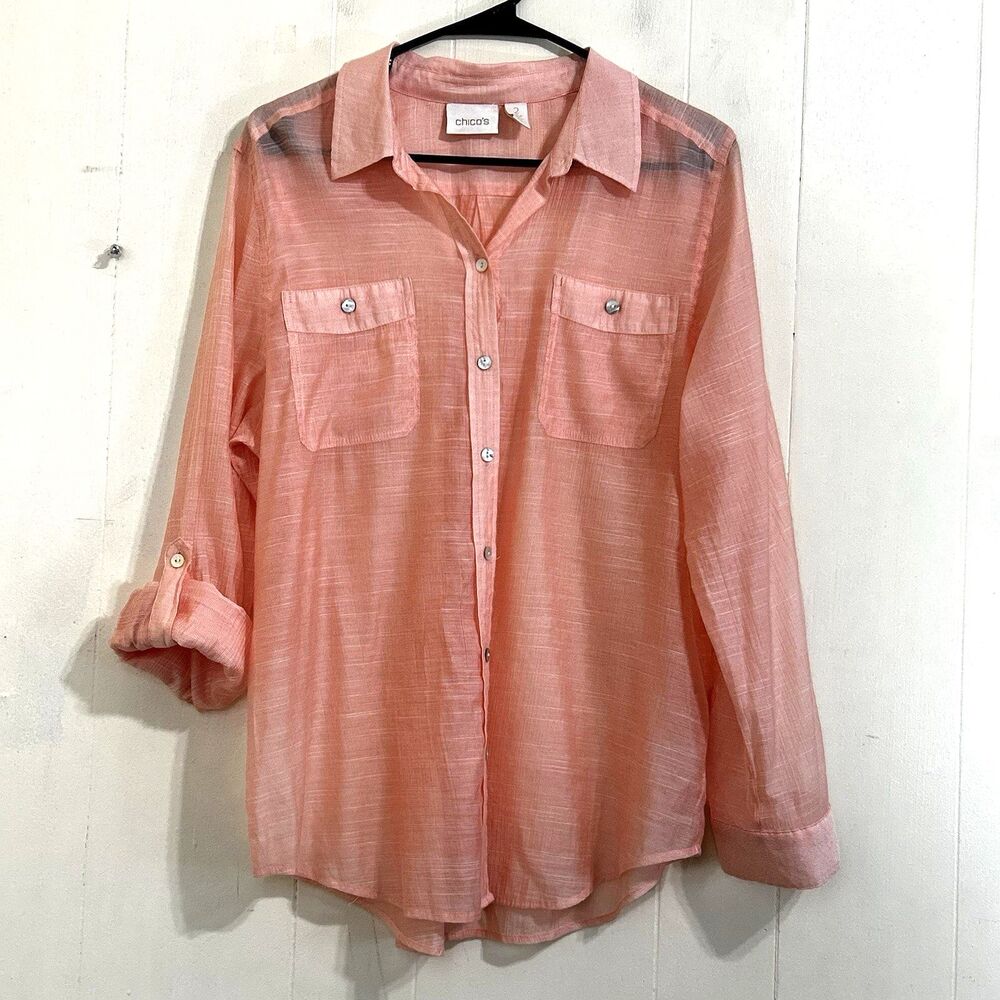 Chicos Button Up Shirt Size 2=Large Peach Long Sleeve Rayon Nylon Lightweight